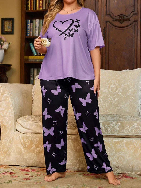 Purple Heart & Butterfly Printed Night Suit