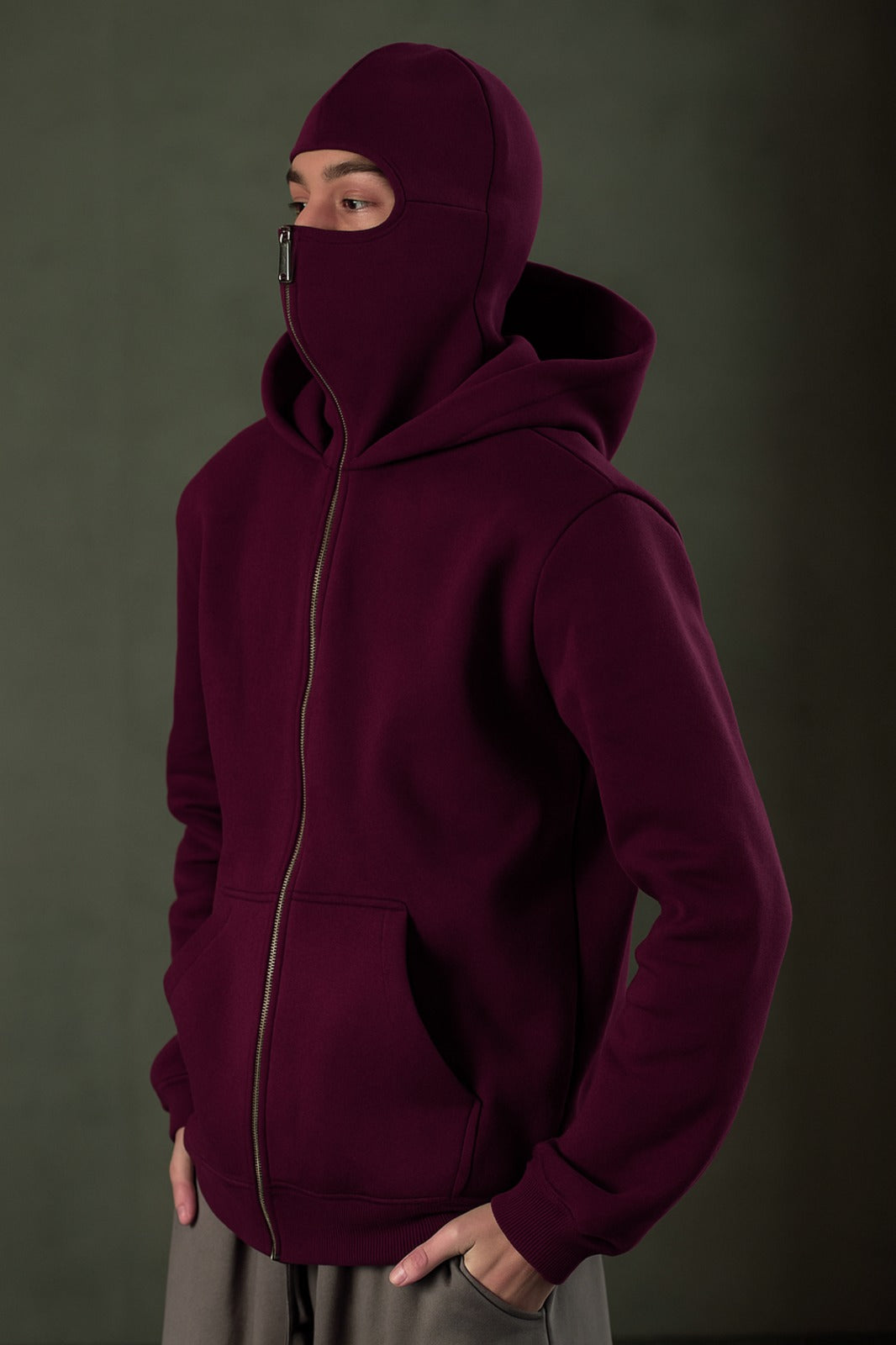 Maroon Balaclava Ninja Zipper Hoodie Jacket