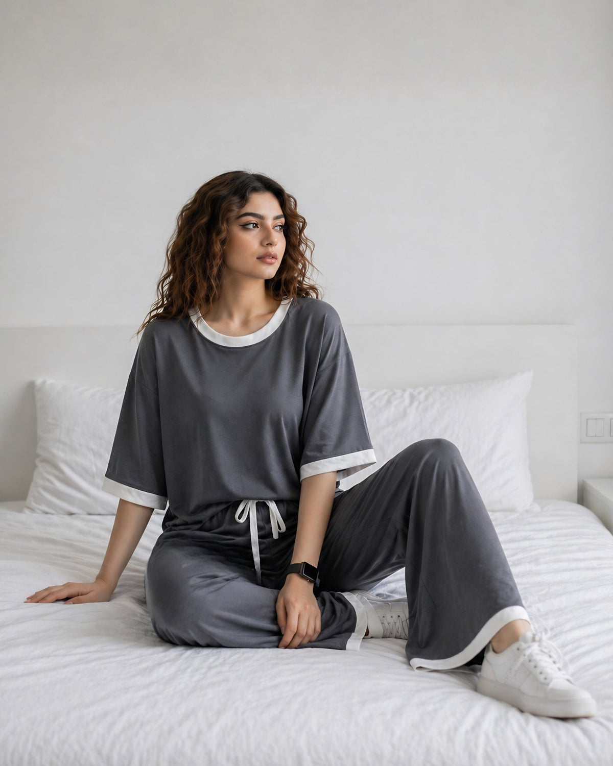 Grey White Round Neck Palazzo PJ Set