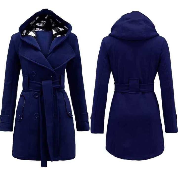 Navy Blue Women's Lace Trim Trench Coat Style Jacket