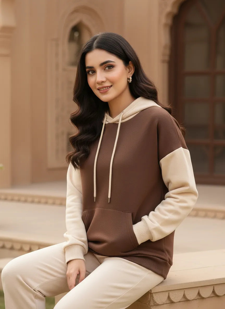 Brown With Cream Basic Hoodie For Women