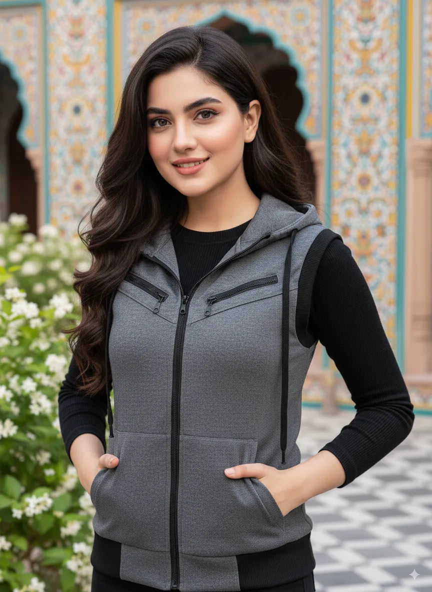Charcoal Sleeveless Hooded Zipper