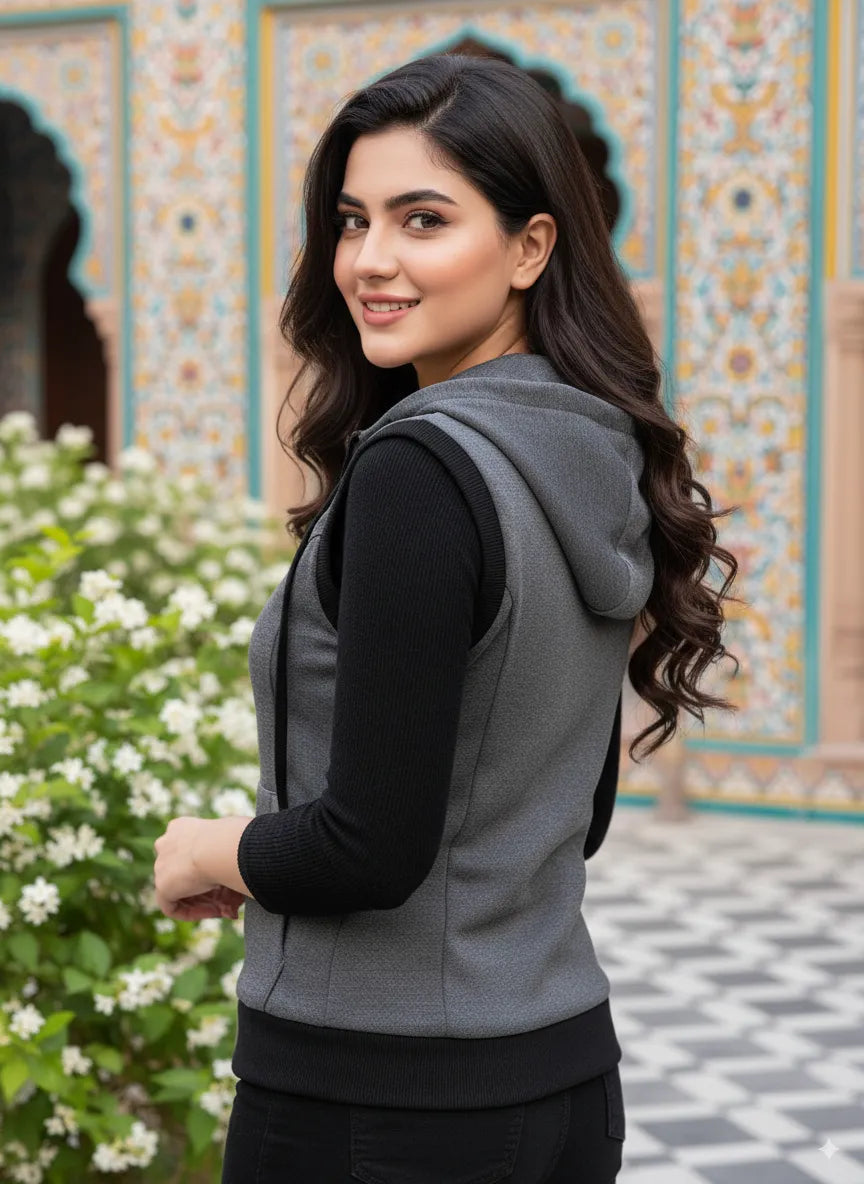 Charcoal Sleeveless Hooded Zipper