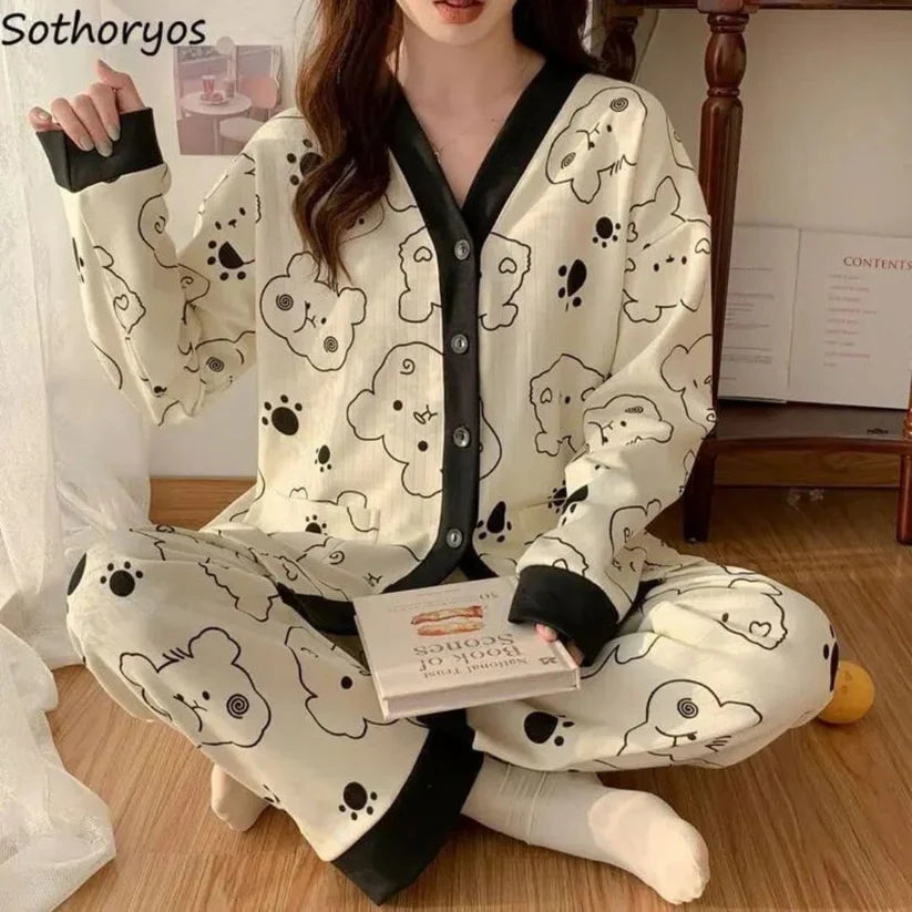 Cream With Black Bears V-Neck Button Printed Night Suit