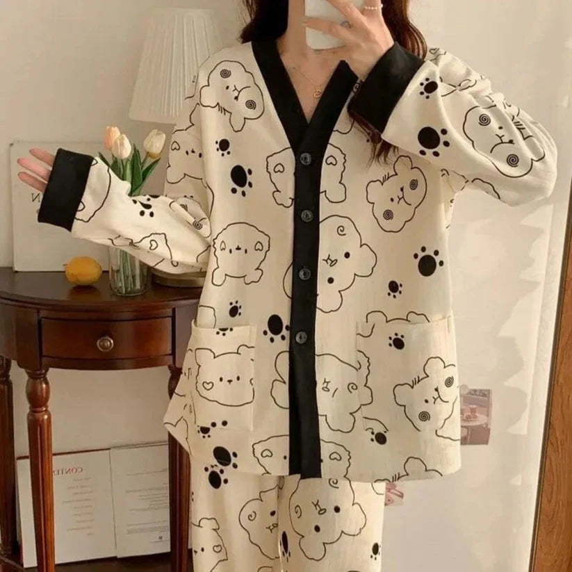 Cream With Black Bears V-Neck Button Printed Night Suit