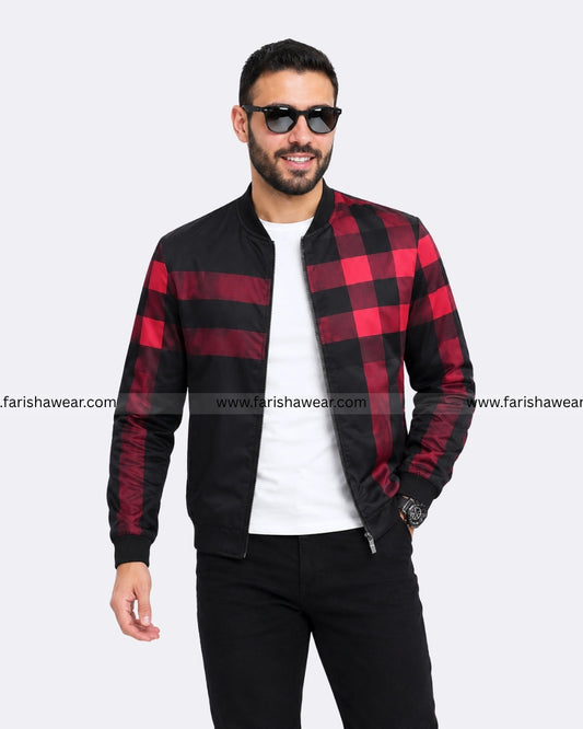 Red Checkered Printed Zipper Jacket