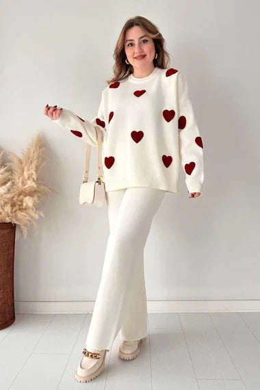 White with Red Heart Printed Fleece Co-ords Set