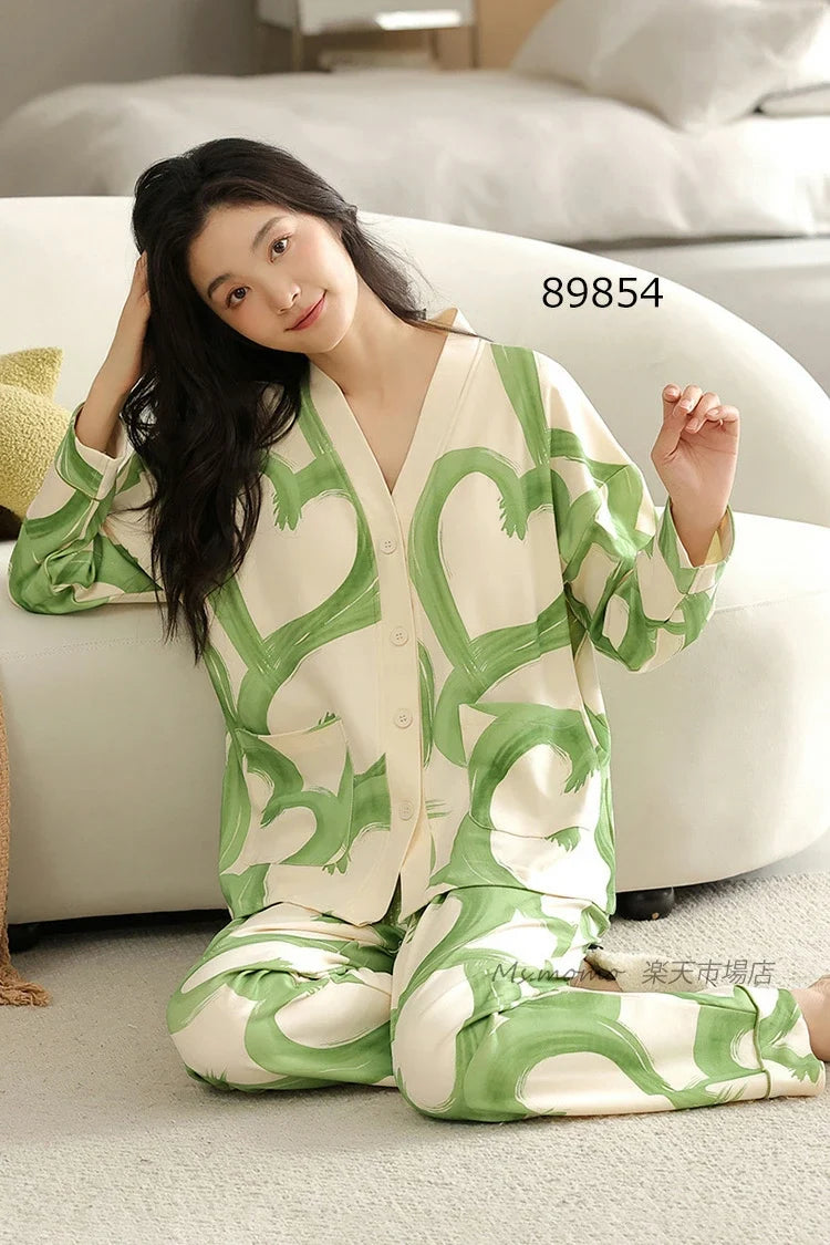 Green Hearts V-Neck Button Printed Night Suit